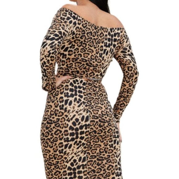 Women's Leopard Print Long Sleeve Off the Shoulder Crop Top and Midi Skirt Set - Picture 3 of 3